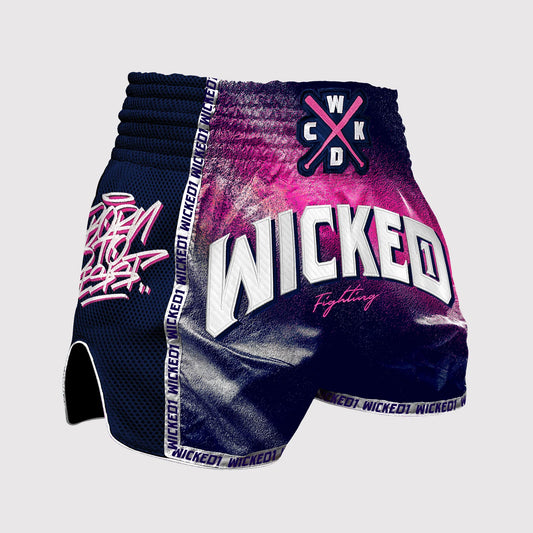 Wicked1 MUAY THAI SHORTS SPRAYING NAVY PINK
